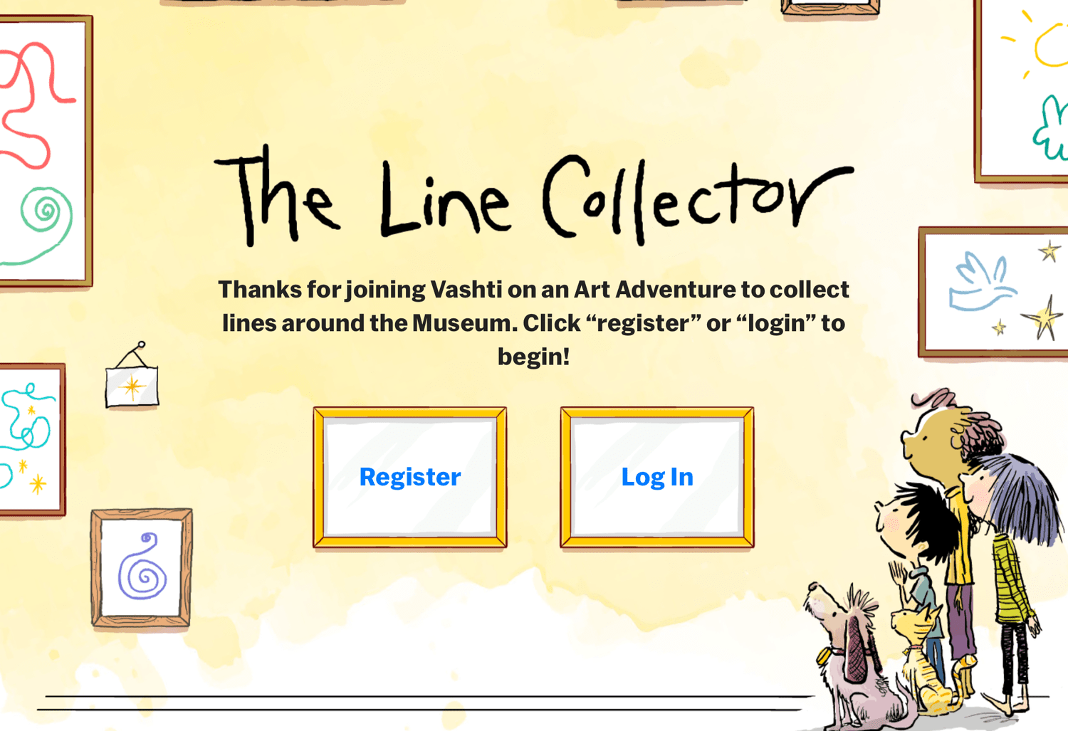 The Line Collector title screen with illustrated characters in a gallery