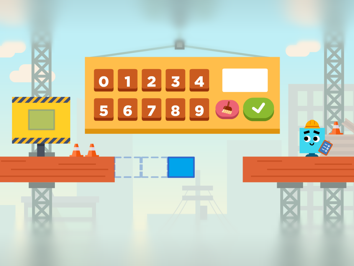 Bajillions game screen: a number pad puzzle on a construction site with a cube character in a hard hat
