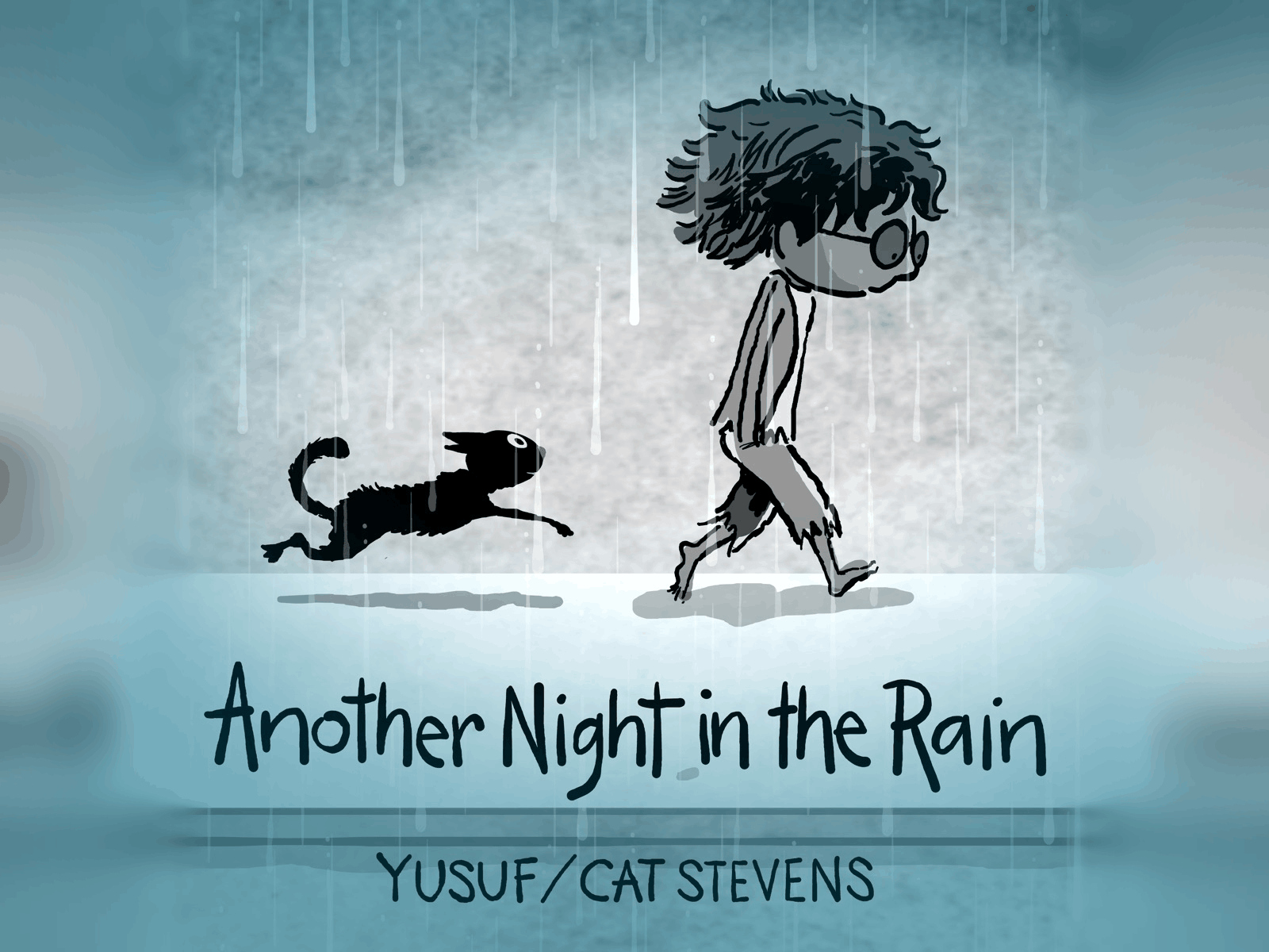 Another Night in the Rain artwork: an illustrated boy walking in the rain with a black cat