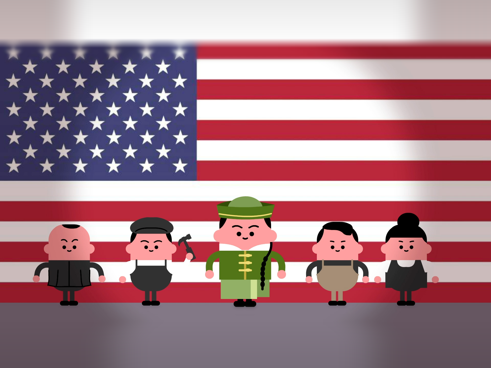Exclusion Act module poster: characters standing in front of an American flag
