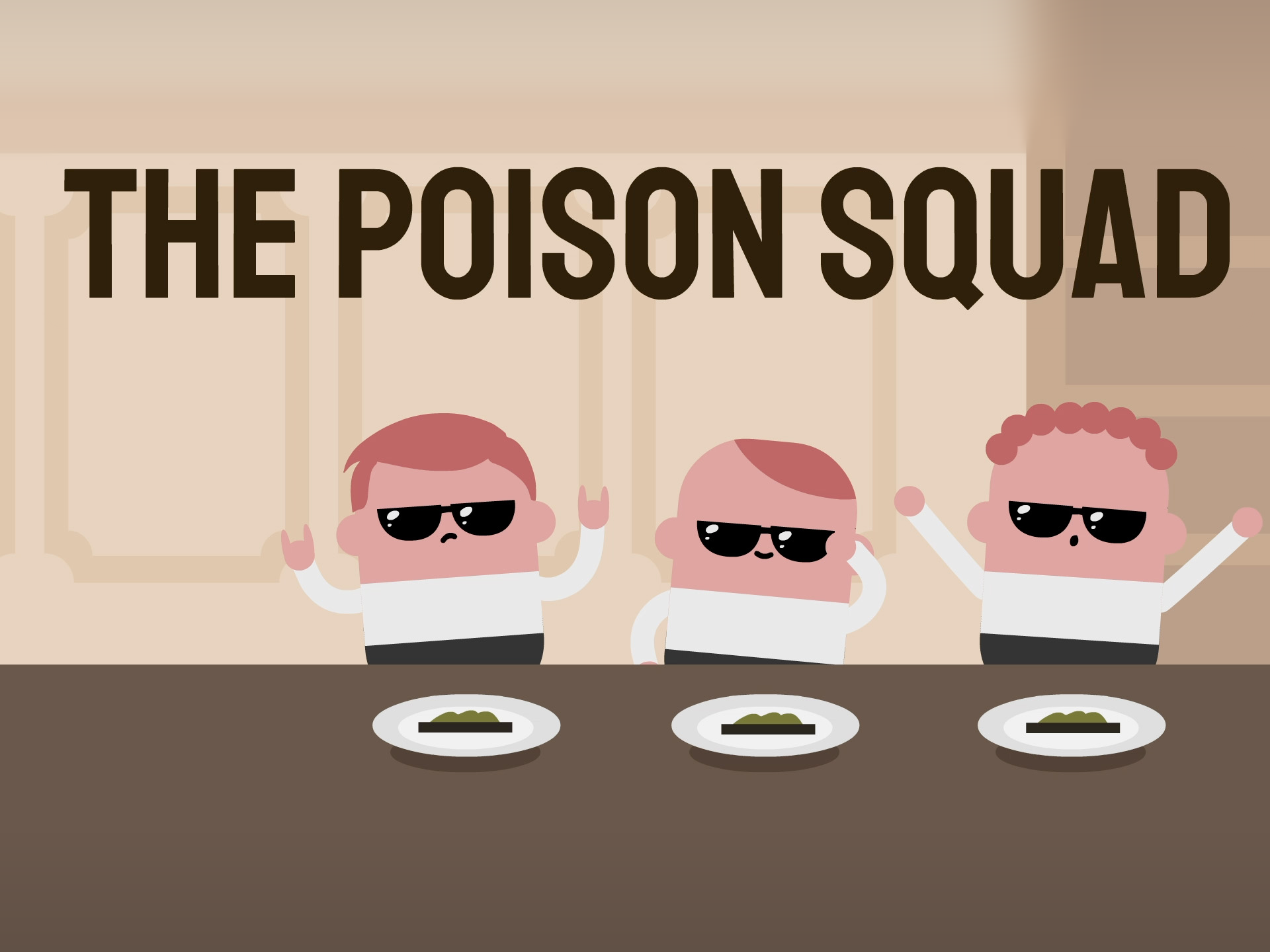 The Poison Squad module poster: three characters in sunglasses seated at a table with plates