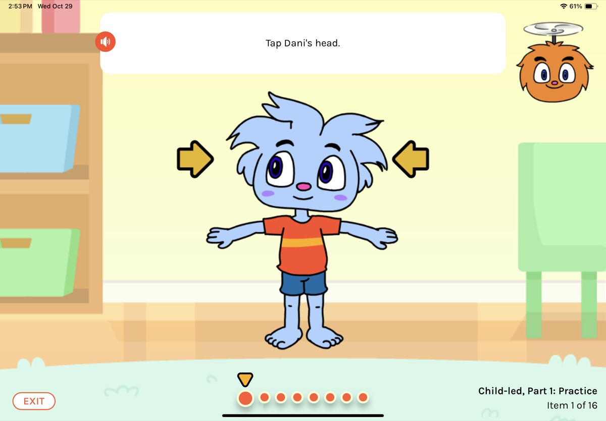 HTKS-Kids app practice screen: a cartoon character with the prompt Tap Dani's head
