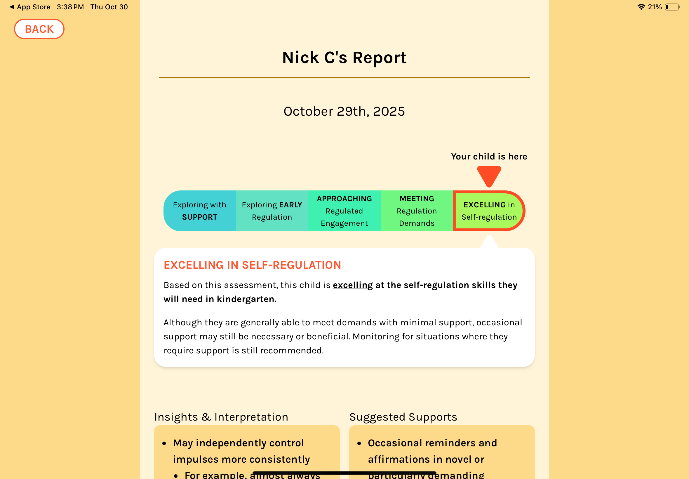HTKS-Kids app report showing a child's self-regulation level on a five-step scale