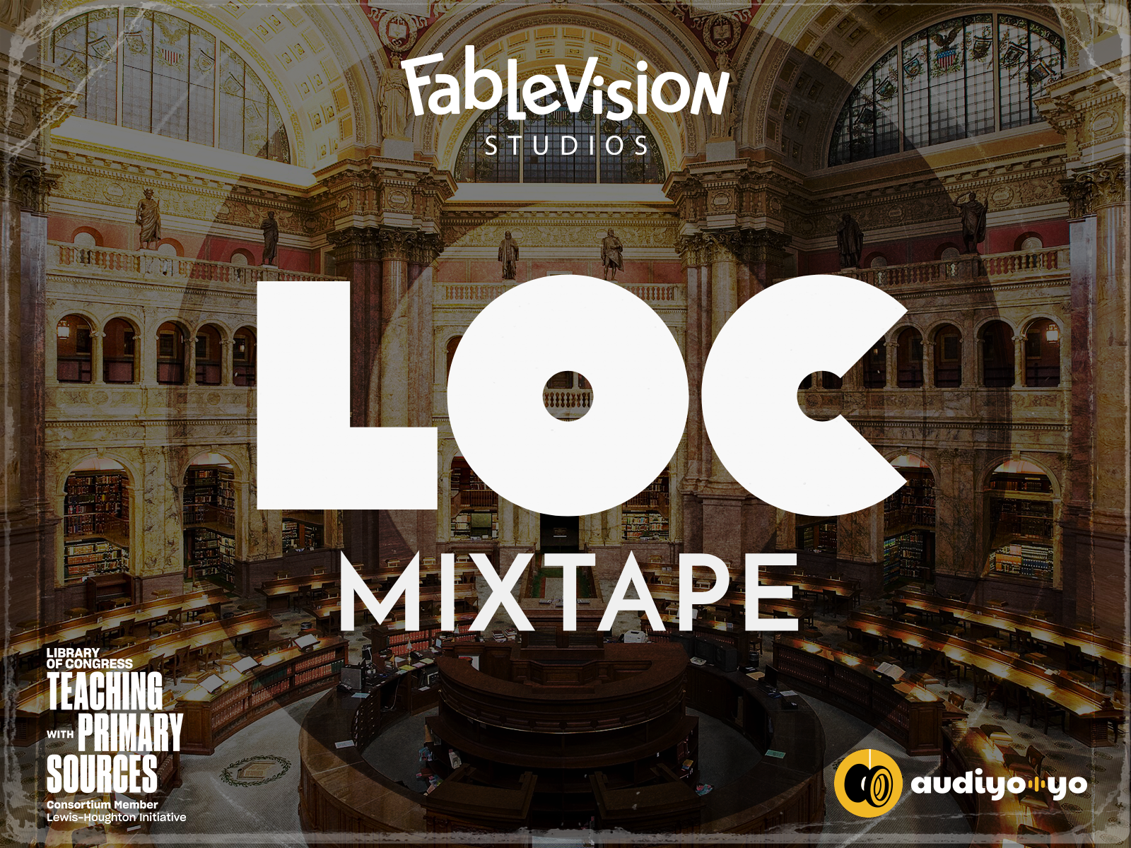 LOC Mixtape podcast cover art over the Library of Congress Main Reading Room